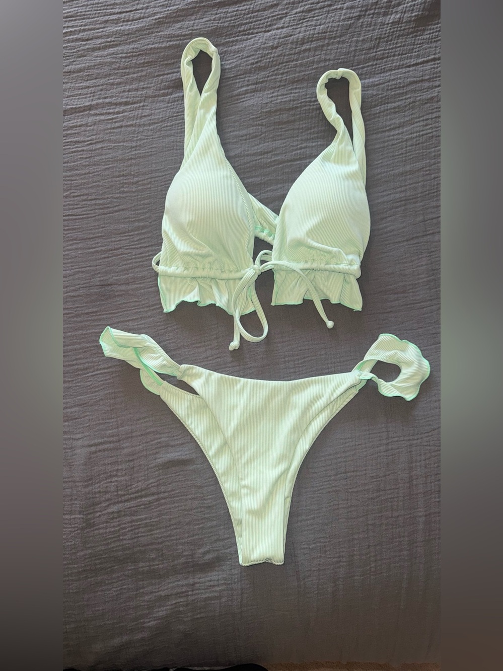 Ribbed Tie-Front Bikini Set in Light Mint